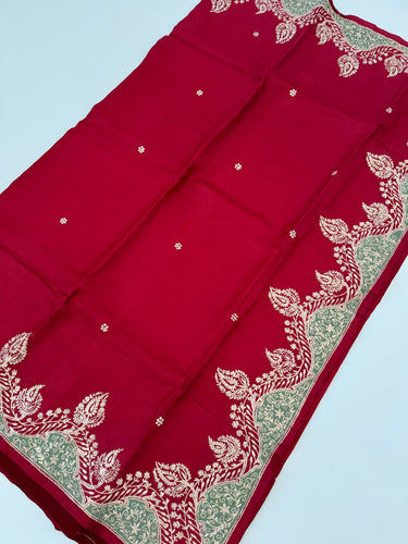 Lightweight Pure Tussar Silk Saree | Zardosi Pita Zari Work | Maroon | Hand Embroidery | Ships from California